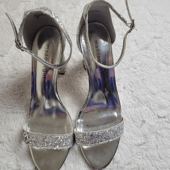 MADDEN GIRL Heels Women's 8.5 Silver Glitter Sparkle Open Toe Prom Wedding Eveni - Picture 14 of 14